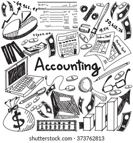 Accounting And Financial Education Handwriting Doodle Icon Of Banknote, Money, Balance Sheet And Cost And Revenue Sign And Symbol In Isolated Background Paper For Business Presentation Title (vector)