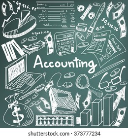 Accounting And Financial Education Handwriting Doodle Icon Of Banknote, Money, Balance Sheet And Cost And Revenue Sign In Blackboard Background For Business Presentation Title With Text (vector)