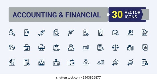 Accounting And Financial line and solid icon collections. Contains such icons as financial, accounting, payment, management, deposit, investment and more. Minimal linear icons.