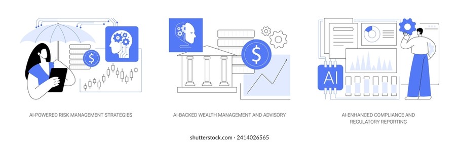 Accounting and Financial Management with AI abstract concept vector illustration set. Risk Management Strategies, Wealth Management and Advisory, Compliance and Regulatory Reporting abstract metaphor.