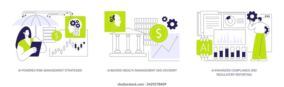 Accounting and Financial Management with AI abstract concept vector illustration set. Risk Management Strategies, Wealth Management and Advisory, Compliance and Regulatory Reporting abstract metaphor.