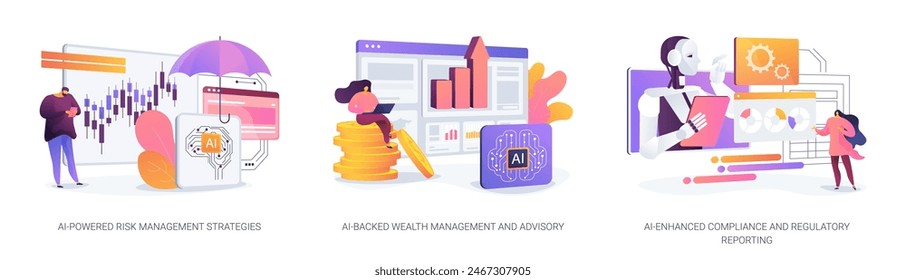 Accounting and Financial Management with AI abstract concept vector illustration set. Risk Management Strategies, Wealth Management and Advisory, Compliance and Regulatory Reporting abstract metaphor.