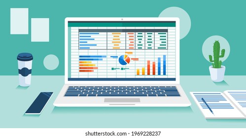 Accounting or Financial Management Software Program on Laptop Screen in Office Desk. Business and Finance Vector Illustration.