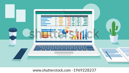 Accounting or Financial Management Software Program on Laptop Screen in Office Desk. Business and Finance Vector Illustration.