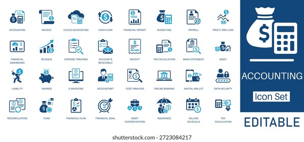 Conjunto de iconos sólidos de contabilidad y gestión financiera. Incluye símbolos de nómina, pérdidas y ganancias, facturación electrónica y presupuesto. Iconos vectoriales sólidos para servicios de impuestos, contabilidad y auditoría de empresas.