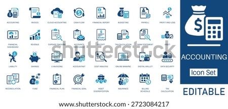 Accounting and Financial Management solid icon set. Includes symbols for Payroll, Profit and Loss, E-invoicing, and Budgeting. Solid vector icons for business tax, bookkeeping, and audit services.