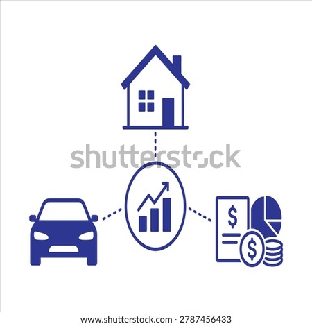Accounting and Financial Management solid icon set. Minimal vector icon of car, house, and financial assets, investment diversification