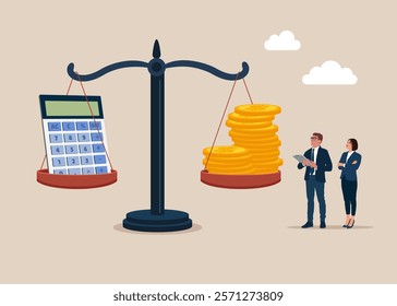 Accounting and financial reports statement and documents. Debit and credit calculations. Modern vector illustration in flat style. 