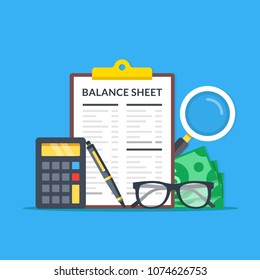 Accounting, financial statement, audit concepts. Balance sheet clipboard, magnifying glass, money, glasses, calculator and pen. Modern flat design graphic elements. Vector illustration