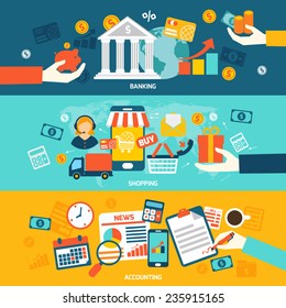 Accounting flat banners set with banking shopping and finance elements isolated vector illustration.