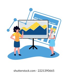 Bilanzierung eines flachen Konzepts mit menschlichen Charakteren, die sich Finanzcharts und Vektorgrafik ansehen