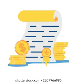 Accounting flat concept with invoice and stacks of coins vector illustration