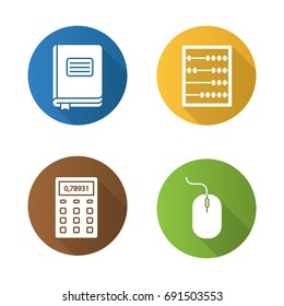 Accounting flat design long shadow glyph icons set. Bookkeeper's journal, abacus, calculator, computer mouse. Vector silhouette illustration