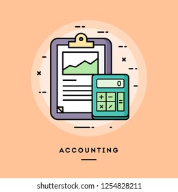 Accounting, flat design thin line banner, usage for e-mail newsletters, web banners, headers, blog posts, print and more. Vector illustration.