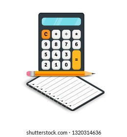 Accounting flat icons. Calculator with notebook and pencil isolated on white background. Vector illustration