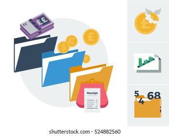 Accounting general ledger with tax, profit and loss, and accounts vector illustration set