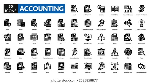 accounting glyph icon collection set. Includes forecast, report, audit, analysis, occupation, job, account, statement, transaction, return, bookkeeping, performance