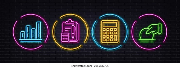 Accounting, Graph chart and Calculator minimal line icons. Neon laser 3d lights. Donate icons. For web, application, printing. Clipboard, Growth report, Accounting device. Money charity. Vector