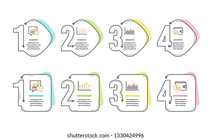 Accounting, Growth chart and Money diagram icons simple set. Buying accessory sign. Supply and demand, Upper arrows, Currency diagram. Wallet with coins. Finance set. Infographic timeline. Vector