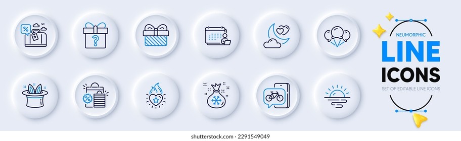 Accounting, Heart flame and Ice creams line icons for web app. Pack of Shopping bags, Travel loan, Love night pictogram icons. Gift, Secret gift, Sunrise signs. Hat-trick, Bike app, Santa sack. Vector