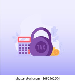 Accounting. Heavy taxes with weight. Huge weight of tax. Concept of heavy tax, debt, duty, defaulter. Vector illustration in flat design for UI, web banner, mobile app