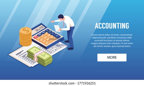 Accounting horizontal isometric web landing page banner with financial report analyzing calculator banknotes coins piles vector illustration 