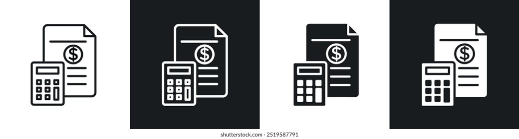 Accounting icon collection in black and white filled and stroke line style.