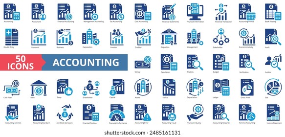 Conjunto de colecciones de iconos de contabilidad. Icono de economía, negocio, financiero, administración, impuesto, transacción, cálculo. Simple Ilustración vectorial plana.