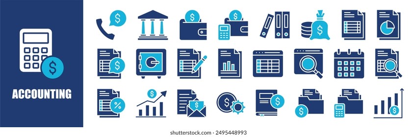 Accounting icon collection set. Containing design, business, finance, accounting, financial, office, and more. Solid vector icons collection