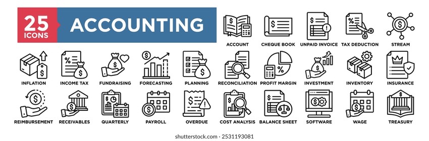 Accounting icon collection set. Containing design finance, tax, accounting, analysis, report, business, financial