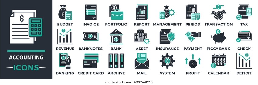 Accounting icon collection set. Containing accounting, budget, invoice, tax, report, revenue, banknotes and more. Solid vector icons collection