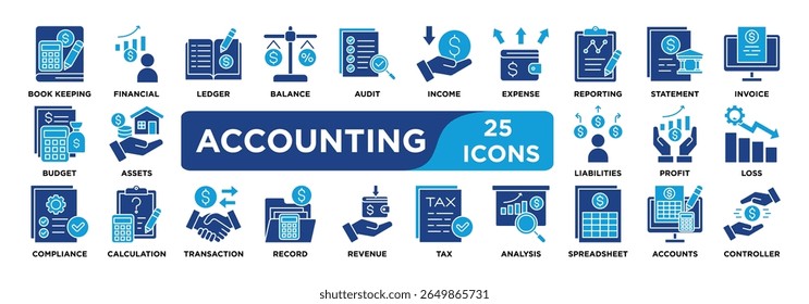 ACCOUNTING icon collection set. Containing bookkeeping,tax,ledger,balance,audit,income,expense,reporting,statement,invoice icon. dual tone vector.