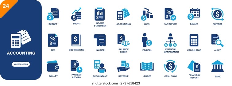 Accounting icon. Containing income statement, audit, financial report, tax, budget. Solid vector icon set.