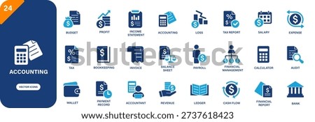 Accounting icon. Containing income statement, audit, financial report, tax, budget. Solid vector icon set.