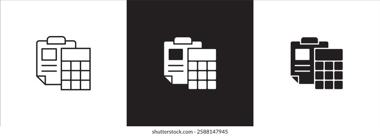 Accounting icon. Finance report icons. Symbol of financial, tax, bill, billing, calculation, calculate, accountant reports, file, document. Vector icon design in thin line and solid.