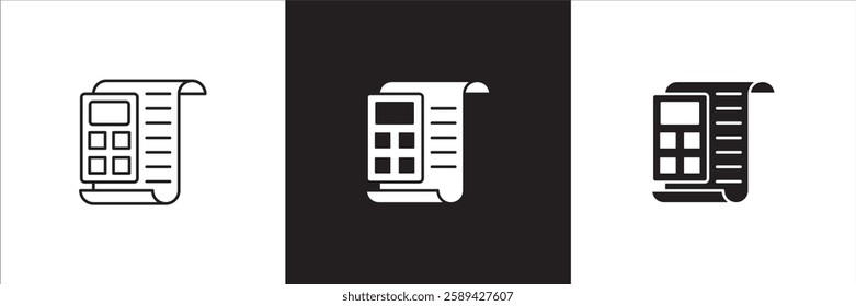 Accounting icon. Finance report icons. Symbol of financial, tax, bill, billing, calculation, calculate, accountant reports, file, document. Vector icon design in thin line and solid.