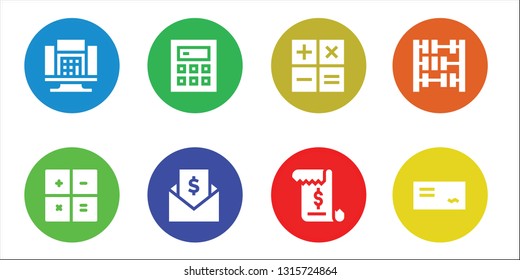 accounting icon set. 8 filled accounting icons.  Collection Of - Calculator, Invoice, Abacus, Cheque