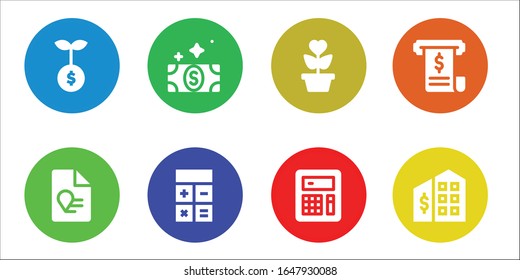 conjunto de iconos de contabilidad. 8 iconos de contabilidad rellenos.  Iconos modernos sencillos, como: Crecimiento, Informe, Factura, Calculadora, Factura, Oficina Tributaria