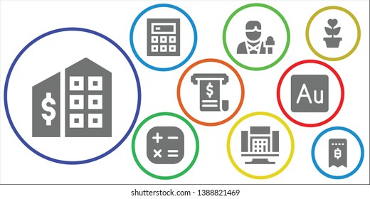 accounting icon set. 9 filled accounting icons.  Collection Of - Tax office, Calculator, Reporter, Invoice, Audition, Growth