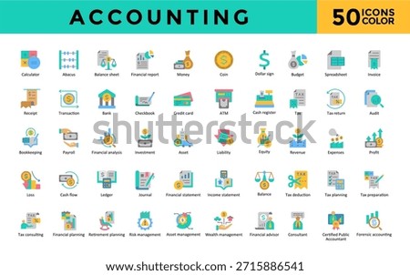 Accounting icon set with calculator, abacus, balance sheet, financial report, money, coin, dollar sign, budget, spreadsheet, invoice icon. Simple flat color vector 
