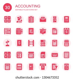 accounting icon set. Collection of 30 filled accounting icons included Calculation, Reporter, Report, Bill, Abacus, Receipt, Growth, Invoice, Calculator, Sheet, Cheque