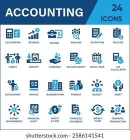 Accounting Icon Set – A Complete Collection of Financial Statement, Accountant, Financial Audit, Invoice, Tax Calculator, Business Firm, Tax Return, Income, and Balance Sheet Icons in Solid Style.