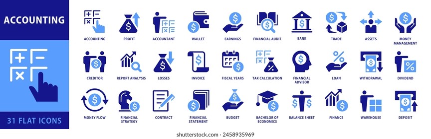 Accounting icon set. With Concepts like Money Management, Assets, Trade, Bank, Earnings, Dividend, Wallet, Accountant and Report Analysis icons. Two Tones Flat Style Icon collection