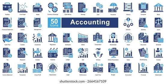 Conjunto de ícones de contabilidade contendo 50 ícones incluindo, portfólio, gráfico de linha, carteira, câmbio de moeda, dinheiro, poupança, moeda, seguro, ábaco, computador, banco, vetores simples.
