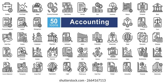 Conjunto de iconos de contabilidad que contiene 50 iconos que incluyen, Cartera, gráfico de líneas, cartera, cambio de divisas, dinero en efectivo, ahorros, monedas, seguros, ábaco, computadora, banco, Vectores simples.