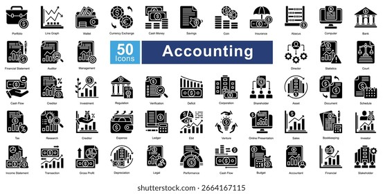 Buchhaltungssymbol-Set mit 50 Symbolen einschließlich, Portfolio, Liniendiagramm, Geldbörse, Geldwechsel, Bargeld, Ersparnis, Münze, Versicherung, Abacus, Computer, Bank, einfache Vektorgrafiken.