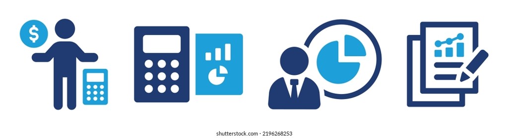 Accounting icon set. Containing accountant, calculation, analyst, businessman, financial report icon. Vector illustration.