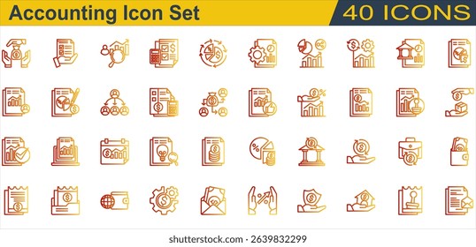 Accounting icon set. Containing Accountant,Accounting,Annual Report,Auditor,Bank,Budget,Cash Flow,Creditor,Financial Statement,Income Statement,Interest Rate. Outline Gradient Style