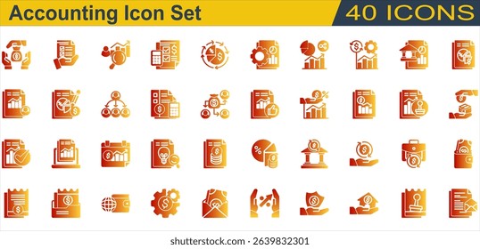 Accounting icon set. Containing Accountant,Accounting,Annual Report,Auditor,Bank,Budget,Cash Flow,Creditor,Financial Statement,Income Statement,Interest Rate. Solid Gradient  Style