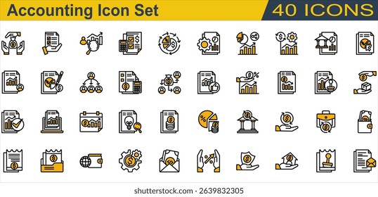 Accounting icon set. Containing Accountant,Accounting,Annual Report,Auditor,Bank,Budget,Cash Flow,Creditor,Financial Statement,Income Statement,Interest Rate. Color Lineal Style